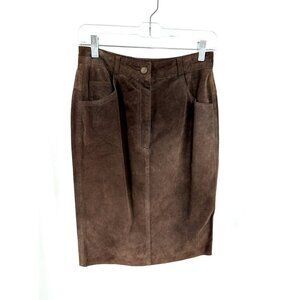 vintage 80s BROWN SUEDE SKIRT knee length pencil straight wiggle retro XS